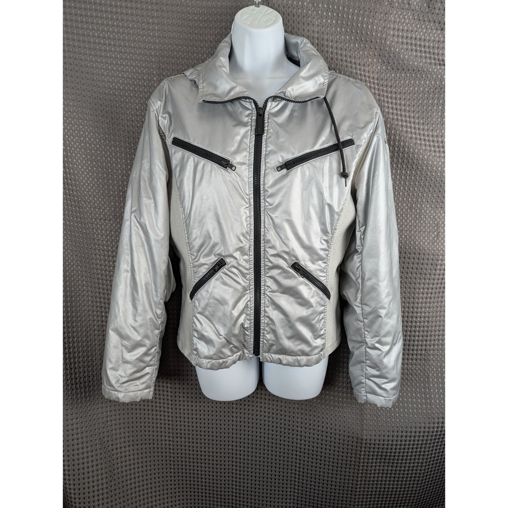 Ralph Lauren Hi Tech Silver Puffer Jacket Womens Large RL2000 Y2K Metallic Zip